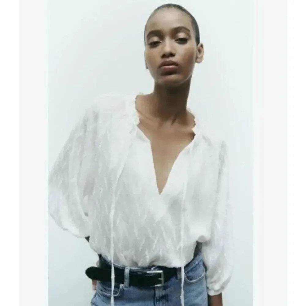 Zara Women Shirt Blouse Top L White Half Sleeve 3564/167 NWT